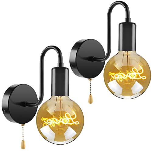 Retro Industrial Wandlampe mit Schalter E27 Innen Wandleuchte mit Zuleitung Schalter Wandspot Lampe Metall Flurlampe LED Wandbeleuchtung für Wohnzimmer Treppenhaus Schlafzimmer Warmweiß, 2 Stücke