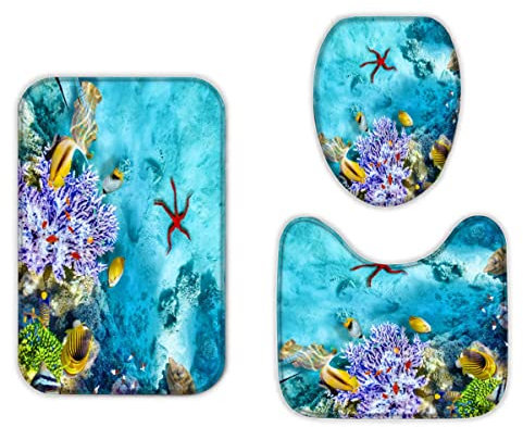 RLYXGS Unterwasserwelt Badezimmermatten und Teppiche 3-Teiligs Set Fisch Flanell Memory Foam rutschfeste Matten und Badteppich,Koralle Toilettendeckelabdeckung,Badvorleger Badgarnitur WC Vorleger