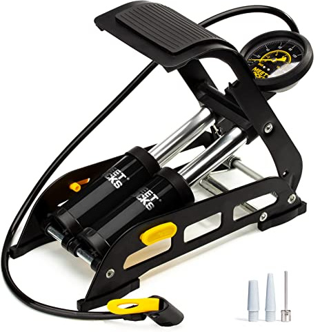 MEETLOCKS Double Cylinder Barrel Bike Foot Pump,160PSI Aluminum Body Floor Air Pump with Precisional Accurate Pressure Gauge Smart Valve Head for Presta Schrader & Deutschland Valve Bicycle Tire Pumps