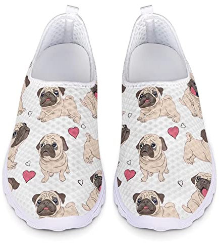 POLERO Süße Mops-Schuhe für Damen, lässige Mesh-Schuhe mit Cartoon-Hündchen, atmungsaktive Slip-On-Wanderschuhe, EU41