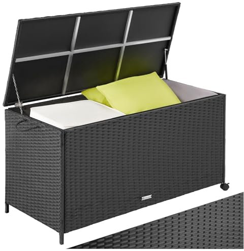 tectake® Poly Rattan Gartenbox wetterfest, outdoor Box mit Deckel, Auflagenbox, rollbar, Aufbewahrungsbox für Garten, Terrasse und Balkon, 117 x 54 x 64 cm, 297l - schwarz