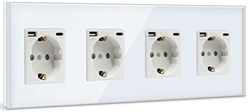Glaserdung BSEED USB-Steckdose mit vierfachen Schuko-Steckdosen, USB-C-Anschluss, max 2,1 A, weiß, Mobil- & Laptop-Ladegerät