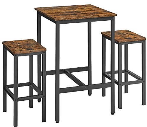VASAGLE Bar Table and Chairs Set, Square Table with 2 Stools, Dining Pub Set for 2, Space Saving for Kitchen Breakfast, Living Room, Rustic Brown and Ink Black