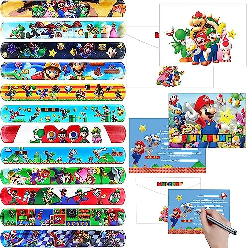 Pellinch Kindergeburtstag Party Mitgebsel,12 Slap Armband 12 Einladungskarten 12 Umschläge 10 Geschenktüten Schnapparmband Partyeinladungen für Junge Mädchen Geschenke Party Theme Deko