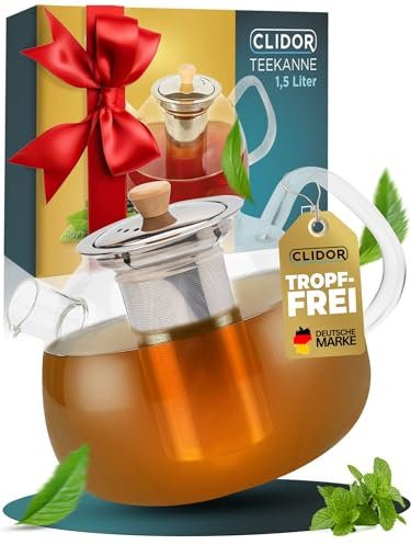 CLIDOR ® - Tetera de 1,5 L con filtro (grosor de cristal reforzado) I Incluye colador de acero inoxidable de malla fina ideal para hierbas I Tetera con colador - Robusta tetera de cristal con colador