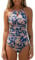 CUPSHE Damen Badeanzug Hochgeschlossen Zierausschnitt Bauchweg Raffungen Strandmode High Neck Einteilige Bademode Swimsuit Dunkelblau/Blumenmuster S