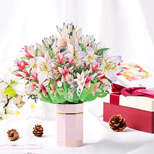 IGTOPS 3D-Grußkarte, 3D-Handstrauß, Papier-Handstrauß dekorative Ornament, handgemachte DIY Geburtstag Grußkarte und Segenskarte, 3D-Blumen-Grußkarte für Mama, Frau, Freundin (Lilien)