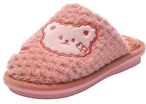 JOMIX Pantofole Invernali Ragazze Ciabatte Bambine pelose Calde da Casa Scarpette Bimbe Slip On Imbottite Pelliccia Sintetica Ricamato Orsetto Comode da Camera MB8621 (Rosa Corallo, 32)