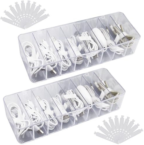 Abnaok 2 Stück Kabel Organizer Box, Transparent Cable Organizer Box mit Abdeckung, Wasser und Staubdicht Kabelmanagement Box, 8 Fächer und 10 Kabelbindern