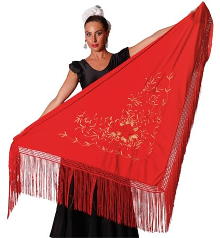 AMINA JAADE Großer Flamenco-Schal Maße: 190 x 89 cm, ohne die Fransen zu zählen (30 cm), einseitig bestickt., Roter Körper, rot-goldene Stickerei, X-Large