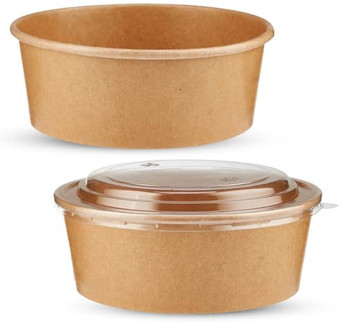 CHEF ROYALE Lot de 20 bols à salade en papier kraft de 1300 ml avec couvercles – Bols jetables et réutilisables pour aliments chauds/froids – Conteneurs à soupe étanches – Bols d'emballage en carton
