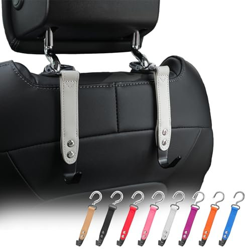 quipuda Porte Manteau Voiture, Accroche Support de Sac à Main pour Voiture,Crochet de Voiture pour Support d Appui Tete,Cuir Véritable,Gris,2 Pack