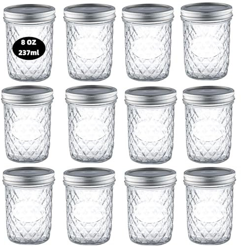 simpa 12PK 237ml/8oz Quilted Decorative Glass Mason Jars with Silver Metal Airtight Lids. Suitable for Meal Prep, Drinks, Food Storage, Canning, Dry Food, Salads and more.