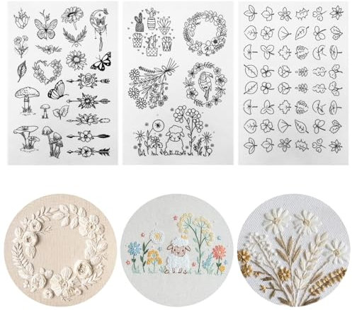 NATOSU 75 Stück Stick and Stitch Stickpapier-Designs,wasserlöslicher Stabilisator für Stickmuster,selbstklebendes Stick Transferpapier mit vorgedrucktem Blumenblatt Schmetterling zum Handnähen