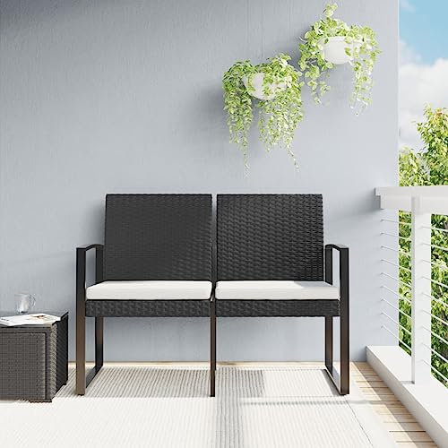 Festnight Gartenbank Rattan, Sitzbank in Rattanoptik, Parkbank mit Stahlrahmen, Balkonbank für 2 Personen, 2-Sitzer Sitzbank mit Sitzkissen Rattanmöbel Bank, Schwarz und Anthrazit