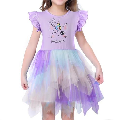 VASCHY Vestito Principessa Bambina Elegante, Abito Cerimonia Gatto Viola, Festa Manica Corta Tulle 3-9 Anni