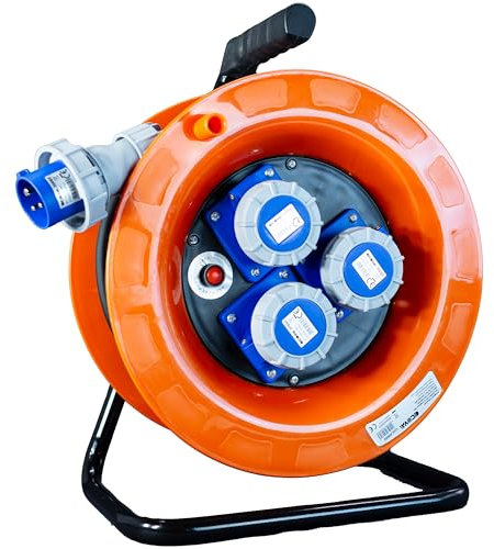 ELETTROWATT Prolunga Elettrica 30 Metri con Avvolgicavo Professionale arancione, Spina Industriale CEE 16A IP67 e 3 prese di corrente da incasso CEE 220V IP67 - Cavo 3G2.5 in Neoprene H07RN-F stagno