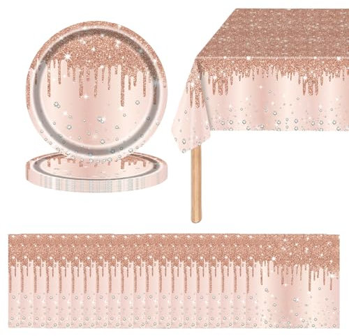 41P Shiny Glitter Diamond Party Tableware Set - Rose Gold Princess Plates, Napkins, Tablecloth - Sparkling Paper Dinnerware for Birthday, Baby Shower, Wedding