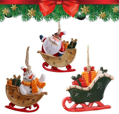 Larfraecy Set di 3 Ciondoli per Albero di Natale in Resina - Pupazzo di Neve con Sciarpa Gialla, Pupazzo di Neve con Sciarpa Rossa, Carrello Regalo - Decorazioni Natalizie