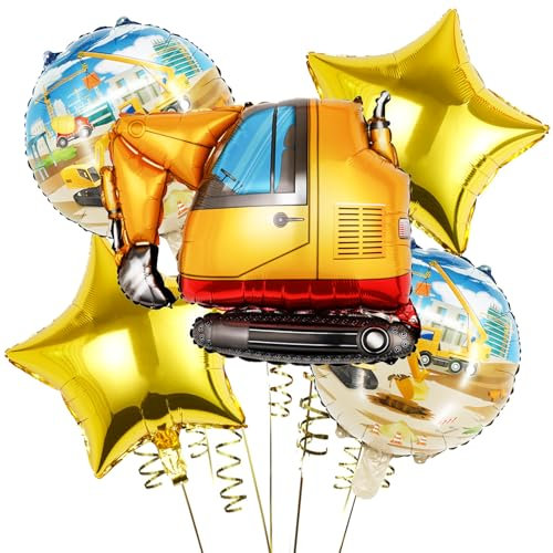 KOBOKO Bagger Luftballon Baustelle Deko Geburtstag, 5 Stück Folienballon Bagger Deko, Bagger Ballon Baustellen Deko Kindergeburtstag, Bagger Helium Ballons Geburtstag für Kinder Auto Thema Party