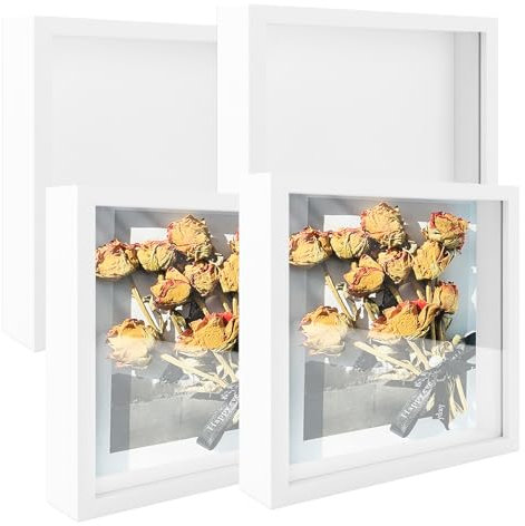 LDHHYH 4 Stück 3D Bilderrahmen zum Befüllen, 20 x 20 cm Tief Bilderrahmen Zum Befüllen für Objekt bis 3cm, Acrylglas Weiß Bilderrahmen Tief zum Befüllen, 3D Rahmen für Objekte, Blumen, Wand & Desktop
