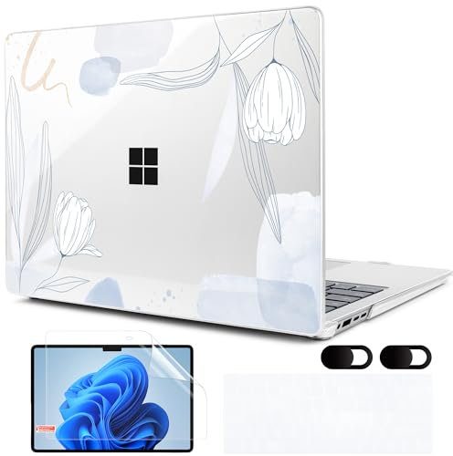 MEEgoodo Case for Microsoft Surface Laptop 13.8 inch Touchscreen 2024 (7th Edition),Clear Cover Fit Model 2036,Laptop Hard Shell with Keyboard & Webcam Cover & Screen Protector,Blue Line Floral