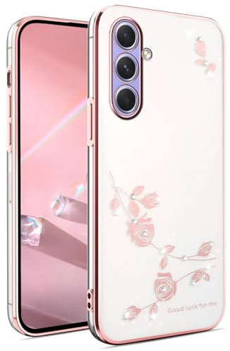 BORYA Cover per Samsung Galaxy A55 5G, Ultra Sottile Antiurto Trasparente Morbida TPU Silicone Custodia, Placcatura Elegante Brillante Diamante Fiori Carino Caso, Rosa