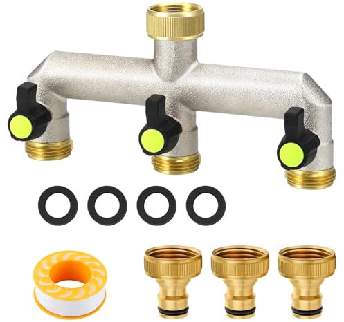 BDHYYM Distribuidor de agua de 3 vías, grifo de latón de 3 vías, distribuidor de agua, adaptador de 3/4 con válvula de bola para ajuste y cierre del grifo del sistema de riego
