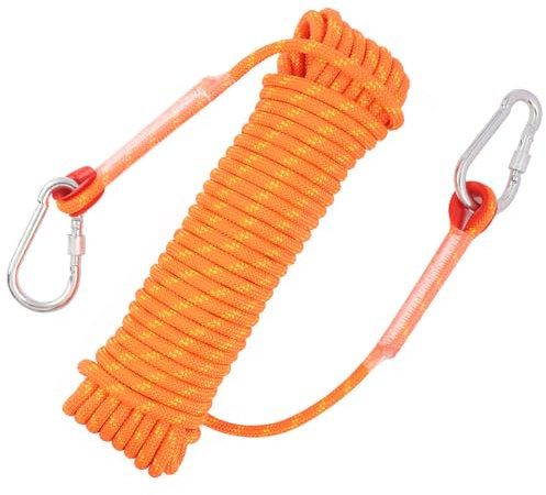 DXLing Corde Escalade Polyester 8mm 15m Corde Escalade avec 2 Mousqueton Escalade Corde d'escalade Statique Orange Corde de Sécurité Cordes Randonée Multifonction pour Camping Sauvetage Randonnée