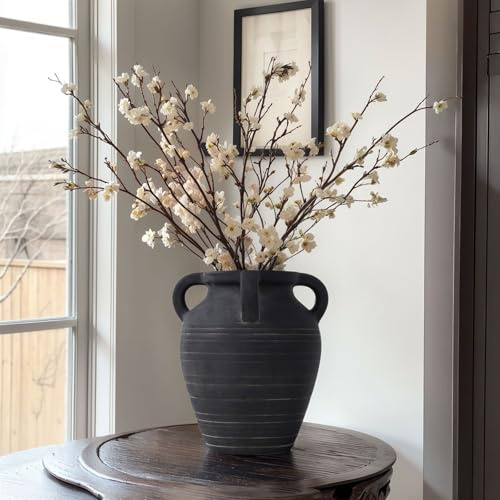 Handgefertigte große schwarze Vase – 25,4 cm hohe Terrakotta-Vasen mit 4 Ohren, breite Öffnung, Vintage-Vasen, rustikale antike Dekoration, mattschwarze Keramikvase für Heimdekoration, Wohnzimmer
