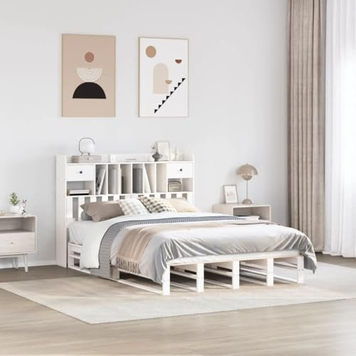 Iiaky Massivholzbett mit Regal ohne Matratze Bed Frame Bett Mit Regal Bettgestell Holzbett Bettrahmen Weiß 140x200 cm Kiefer // 3323960
