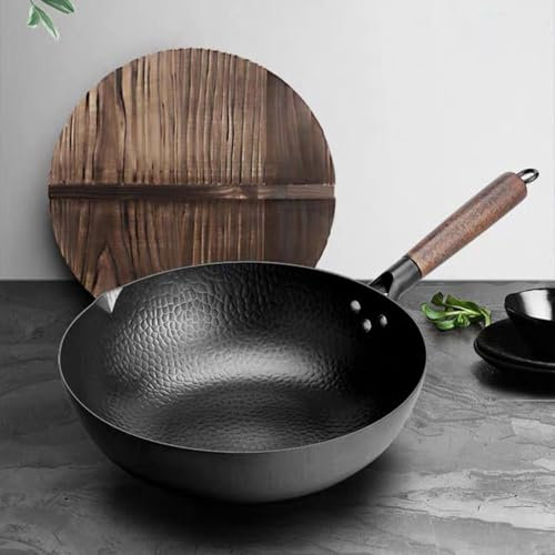 Wok Pan With Wooden Lid 32cm/ 5. 6L Flat Bottom Wok Frying Pan 12. 6, Fine Iron No Chemical Coated and Large Capacity for 3- 6 People Induction, Electric, Gas, Halogen All Stoves Kitchen Utensils