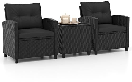 GYMAX 3-teiliges Rattan Gartenmöbel Set, Terrassenmöbel Set inkl. Kaffeetisch aus gehärtetem Glas & 2 Armlehnstühlen, Balkonmöbel Set, Rattan Sitzgruppe für Balkon, Garten & Pool (Schwarzes Kissen)