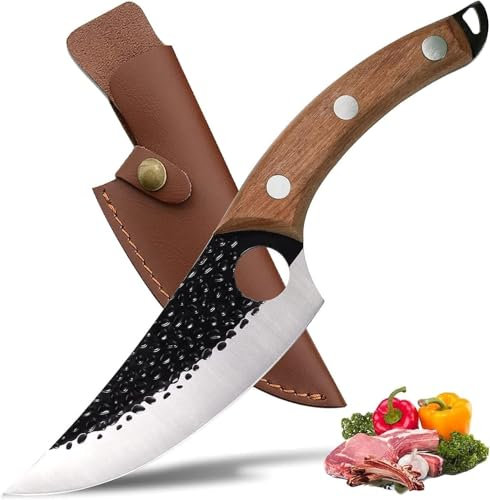 Geschmiedetes japanisches Kochmesser mit veganer Lederhülle, Küchenmesser mit Fingerloch und Holzgriff, scharfes Ausbeinmesser für Outdoor, Gemüse und Fleisch, Geschenkidee