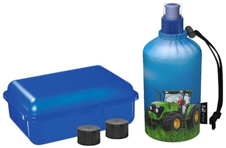 Emil Trinkflasche aus Glas inkl. Brotbox & Ersatzverschlüsse – Starterset zur Einschulung - BPA-frei & schadstofffrei, isolierend – Ziehverschluss für Wasser, Saft & Milch – Traktor (0,3l)