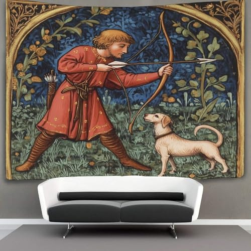 Mittelalterlicher Mann mit Pfeil und Bogen Wandteppich,Schlafzimmerästhetik Indie Wanddeko, Raumdekoration,Hund Gotik Painting Wandbehang,Wandkunst 130cmx150cm