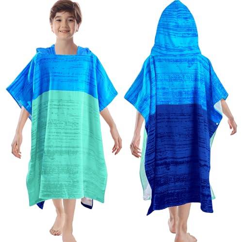 VOOVA & MOVAS Poncho Towel for Teens (8-16 Years) | Soft Absorbent Cotton Hooded Towel Robe | Versatile Beach, Pool, Swim & Bath Cover-Up | Blue & Aqua