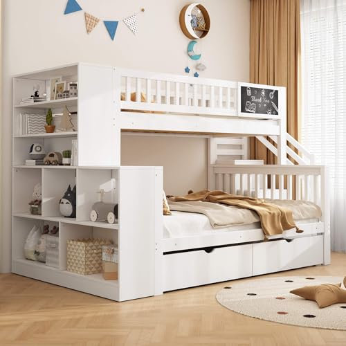 HYUB Etagenbett Kinderbett 90x200 und 140x200 cm mit Aufbewahrungsschränken und Schubladen, Stockbett mit Tafel und Stauraum, Bettgestell mit Treppe und Lattenrost, Weiß