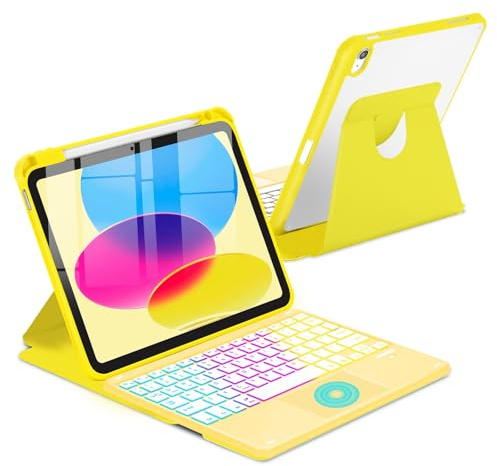 MePadKey Étui avec clavier tactile pour iPad (A16) 11e/10e génération, rotation à 360° avec porte-crayon, clavier amovible rétroéclairé sans fil pour iPad 11 2025/10 génération 11 2022, jaune