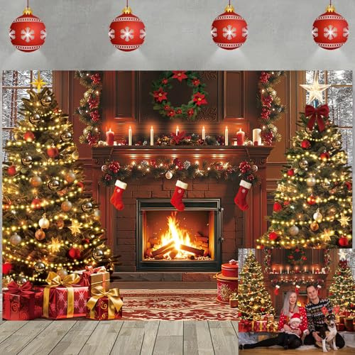 Kaminhintergrund Weihnachten Vintage Weihnachtsbaum Weihnachtsstrumpf für Winterfotografie für Heiligabend, warme Familienfeier Dekorationen, Fotostudio Requisiten