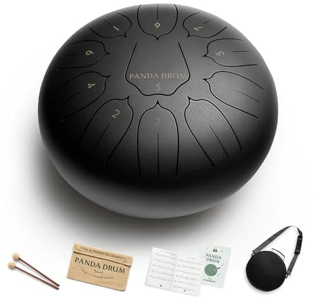 Panda Drum Plus (Black) | Steel Tongue Drum for Inside & Outside | 11 Inch