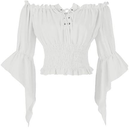 HAOLEI Women Victorian Tops Off Shoulder Ruffle Shirts Elastic Waist Medieval Costumes Renaissance Pirate Trumpet Long Sleeve Peasant Blouses White