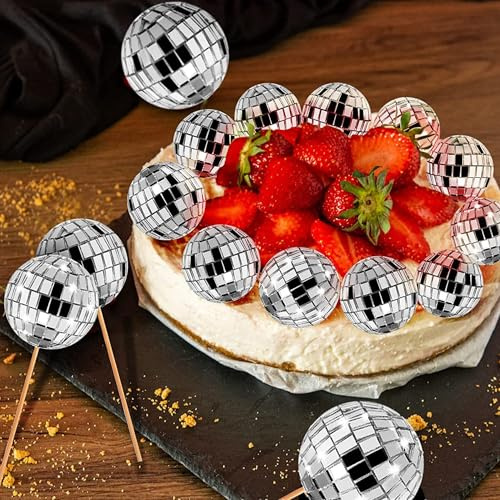 12 Stück Disco Kugel Tortendeko 2 Größen Glitzer 1970s Disco Ball Cake Toppers für 70s Thema Baby Dusche Hochzeitstag Geburtstag Party Kuchen Deko Silber