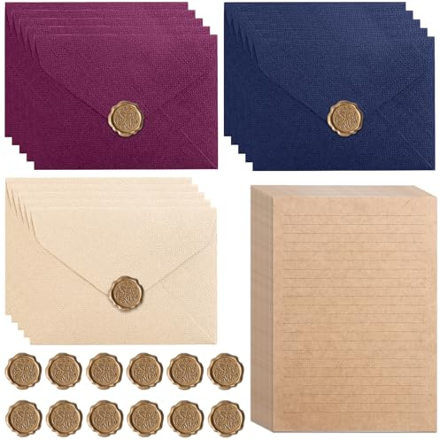 50 Stück Vintage Briefpapier mit Umschlag Set für Einladung, Grußkarten | 15 Leinenumschlag Umschläge, 20 A5 Briefpapier Papier mit Wachssiegel-aufkleber für Geburtstag, Hochzeits