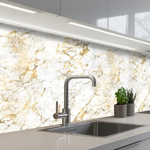KitchenYeah© Crédence Adhésive Résistant À La Chaleur 80x150 cm Protection Mur Cuisine Panneaux Muraux Adhesif Panneau Decoratif Interieur Éclats d'or - Blanc - Marbre