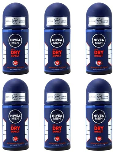 6x NIVEA MEN Dry Impact Deo Roll-On Deodorant 3-Fach Schutz:mit Frische,Deo-Schutz und Pflege Antitranspirant,72h schutz ohne Alkohol,50ml (6er Pack)
