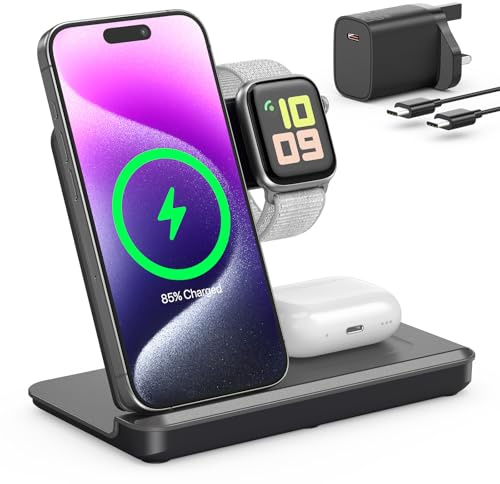 Foldable 3 in 1 Wireless Charging Station for Apple Devices Black | Wireless Charger Stand with 20W PD Adapter for iPhone 17/16/15/14/13/12/11, Apple Watch & AirPods Charging Dock