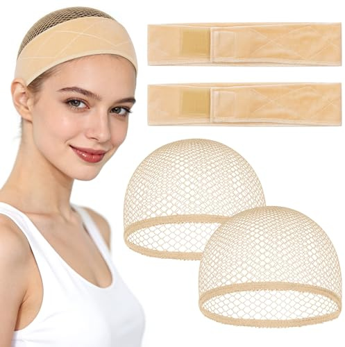 Kiiwah Perückenband Rutschfest mit Wig Cap, Elastisches Perückengriff Verstellbare Samt Wig Grip Band, Perücken Zubehör für Damen, 4 Stück (Hautfarben)