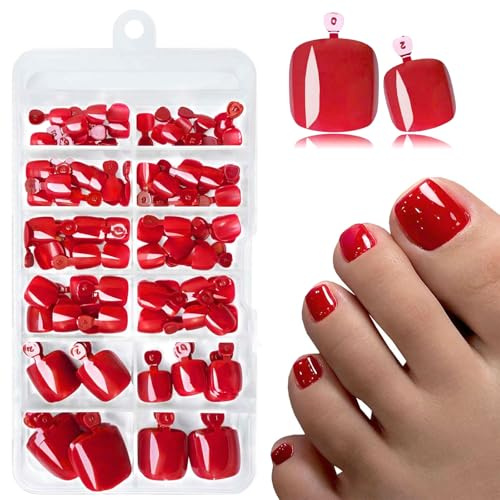 LunarCharm 120 Pieces Red Press-On Toenails with Adhesive Tabs, Stick-On Red Artificial Toenails for Pressing On and Sticking On for DIY