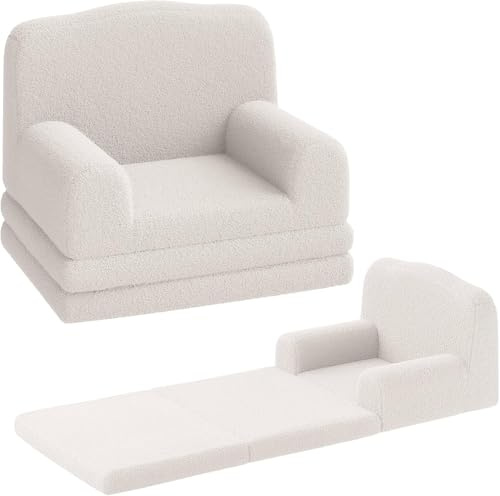 Garvee Kindersofa Ausklappbar 2-in-1 Kindersessel, Soft Sherpa Spielsofa für Kleinkinder, Weißes Wellendesign, Bequemes Sofa zum Schlafen und Spielen, Kinderzimmer Möbel, rutschfest